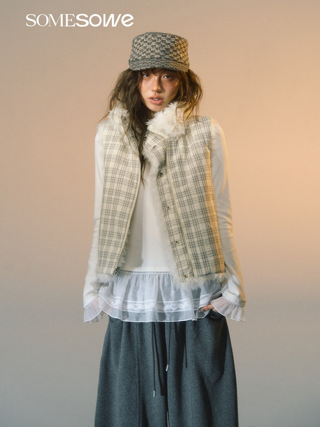 SOMESOWE S2508263 Grid splicing lamb wool double-sided vest