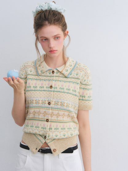 AsGony ASG25659 Fel Island wool jacquard knitted short sleeved top