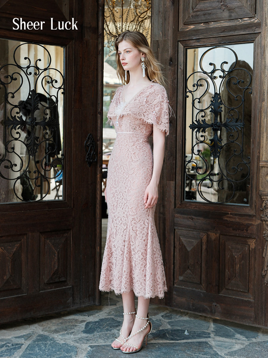 SHEERLUCK SLLYQ25405 V-neck lace shawl suspender dress