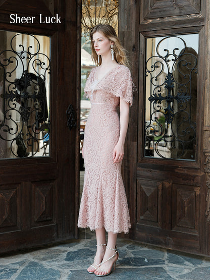 SHEERLUCK SLLYQ25405 V-neck lace shawl suspender dress