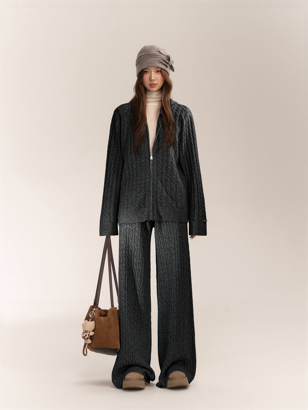 AsGony [Best Seller]  ASG24639 24653 Wool blend knitted top and slacks set