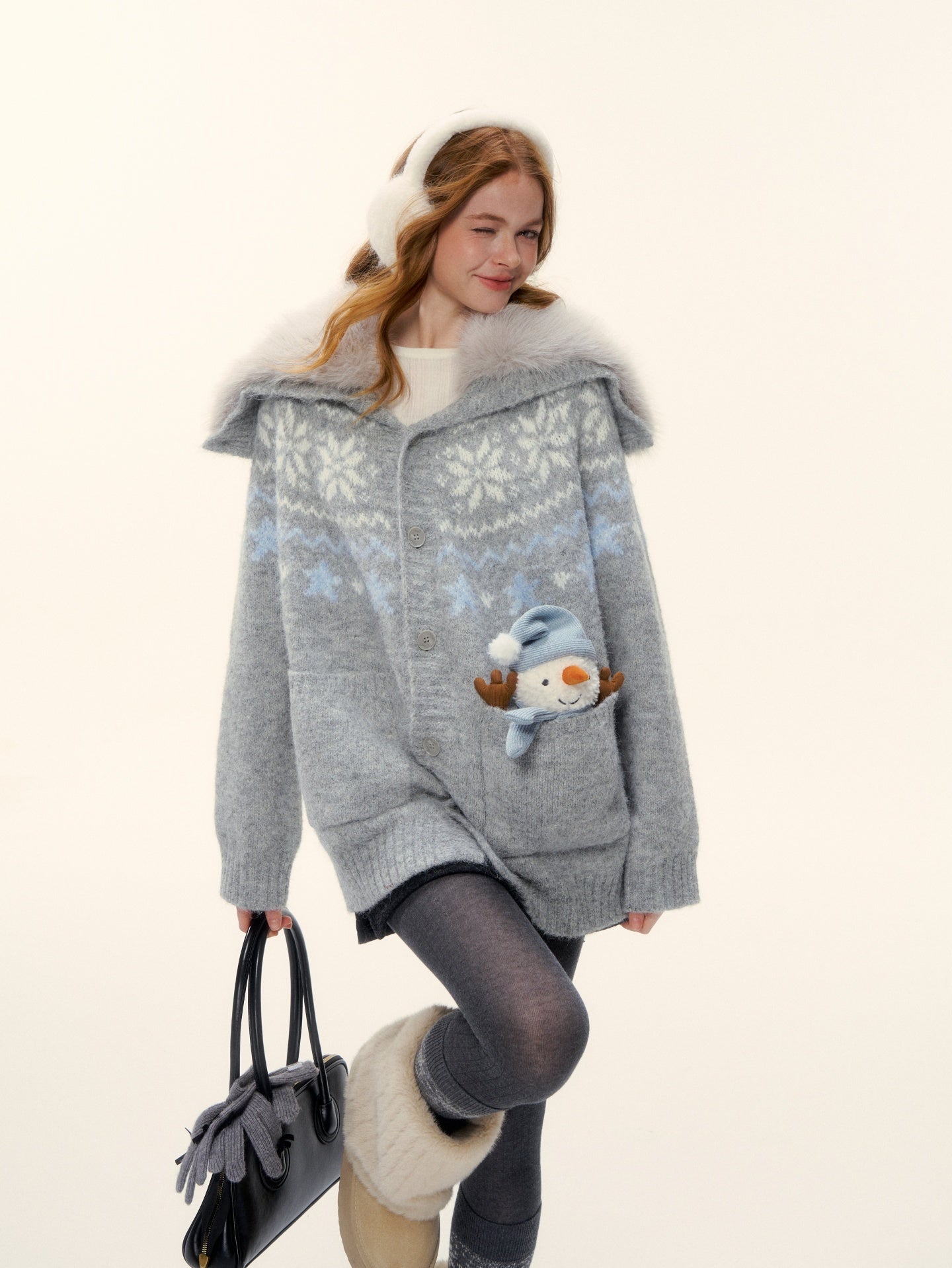 AsGony ASG25621 Wool blend eco-friendly wool collar Fel Island jacquard knitted jacket