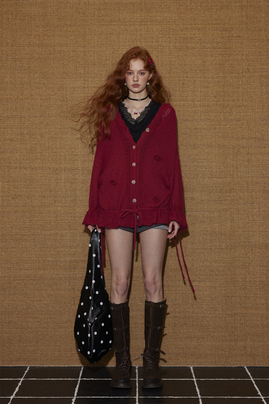 AsGony ASG25452 V-neck flower tie wool blend knitted cardigan