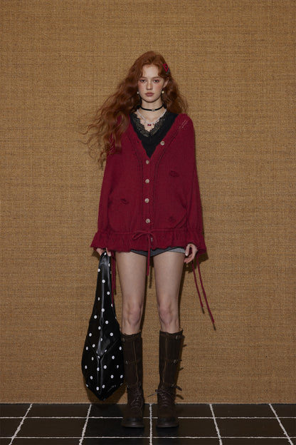 AsGony ASG25452 V-neck flower tie wool blend knitted cardigan
