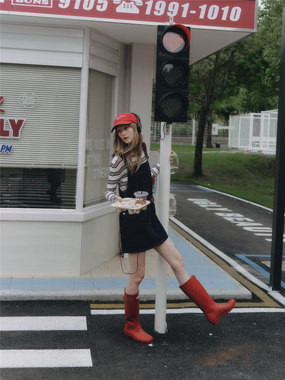Asgony ASG26512 Embossed Detail Denim Overall Mini Skirt