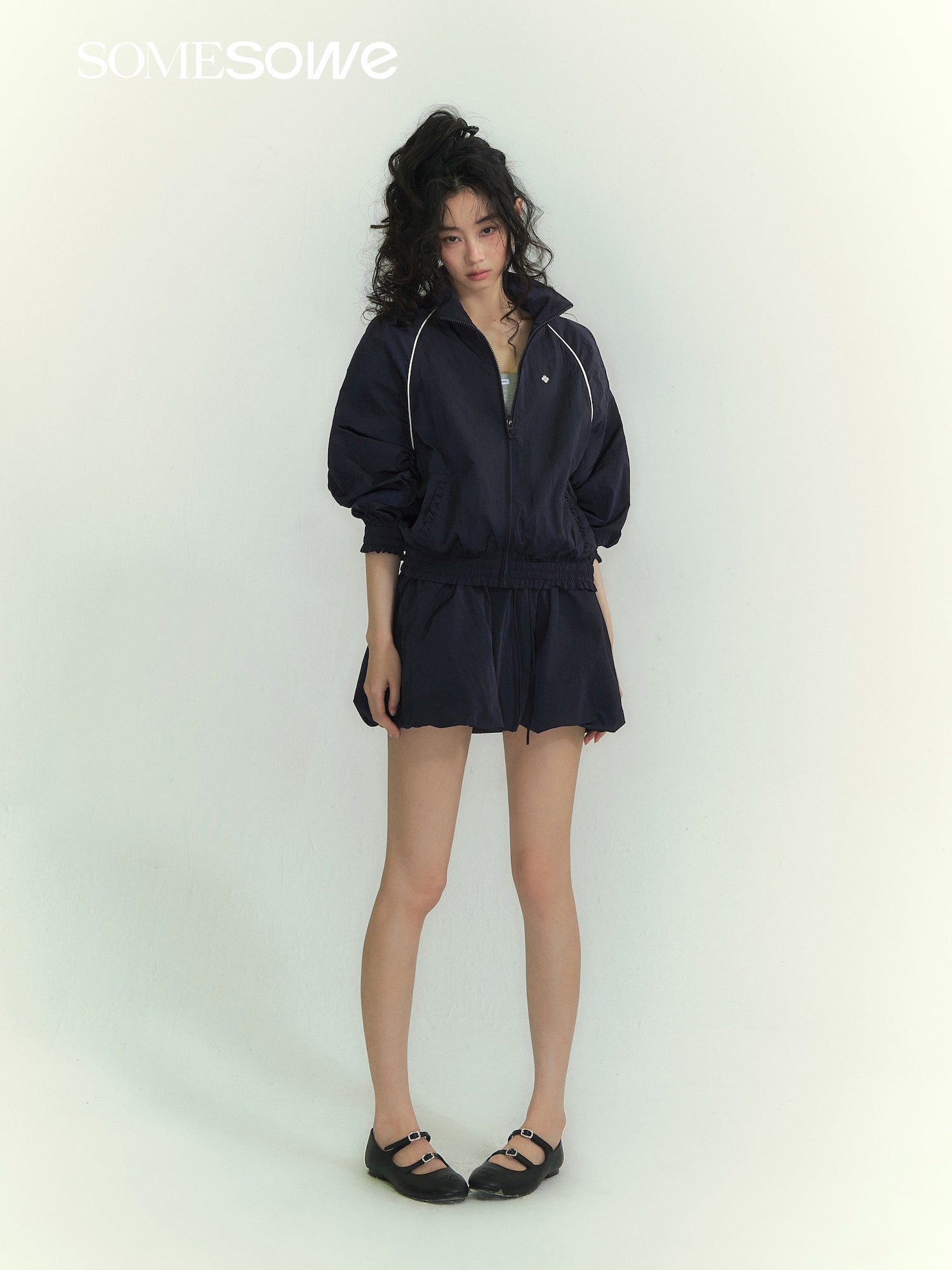SOMESOWE S2609061&amp;S2609062 Splicing stand up collar casual jacket + floral camisole dress