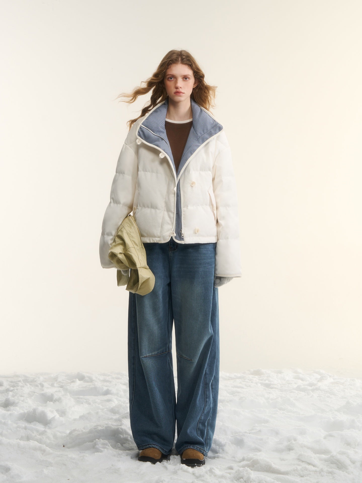 AsGony ASG25528 White duck down double-sided checkered short down jacket