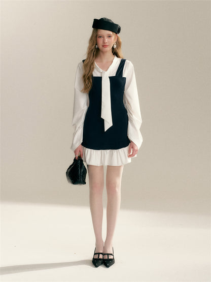 16DEWS 16D26015 Fake two V-neck lace up contrasting splicing slim fit dress