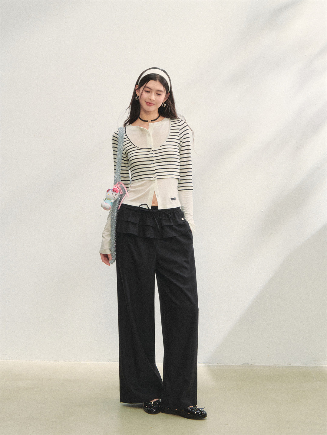 AsGony ASG25275 Double layered ruffle edge tied casual pants