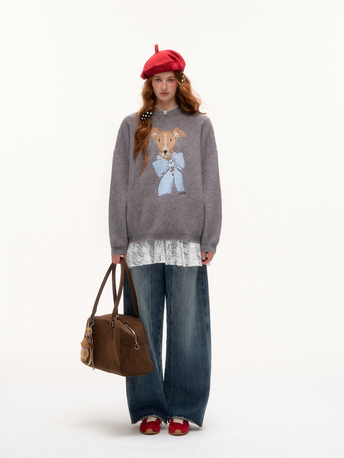AsGony ASG25378 Bow puppy jacquard round neck pullover sweater