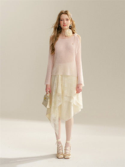 16DEWS 16D26048&amp;16D26049 Hollow out woolen lace up off shoulder knitted sweater + skirt set