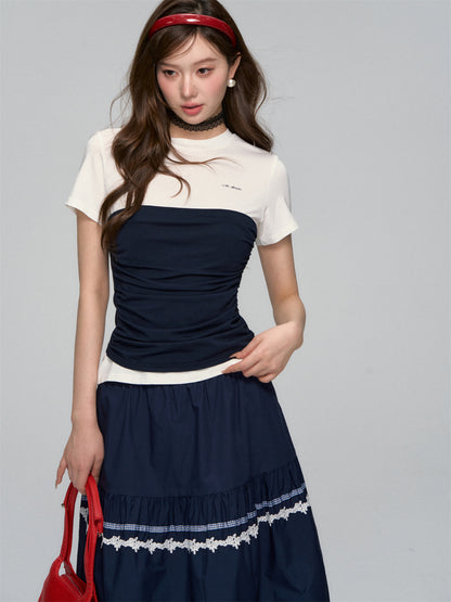 AsGony ASG25109 Elastic lace A-line skirt