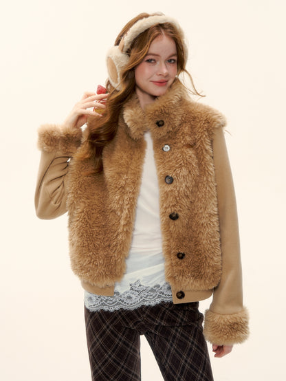 AsGony ASG25587 Environmentally friendly fur knitted stand up collar spliced jacket