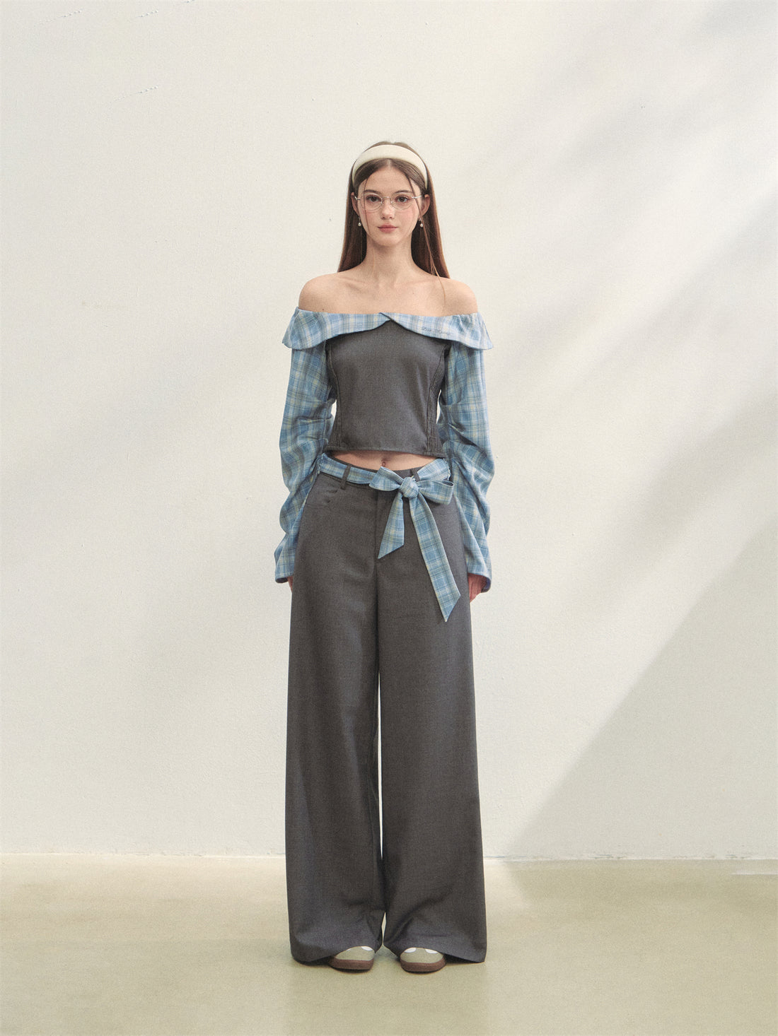 AsGony ASG25263&amp;ASG25264 Plaid patchwork off-shoulder top + pants set