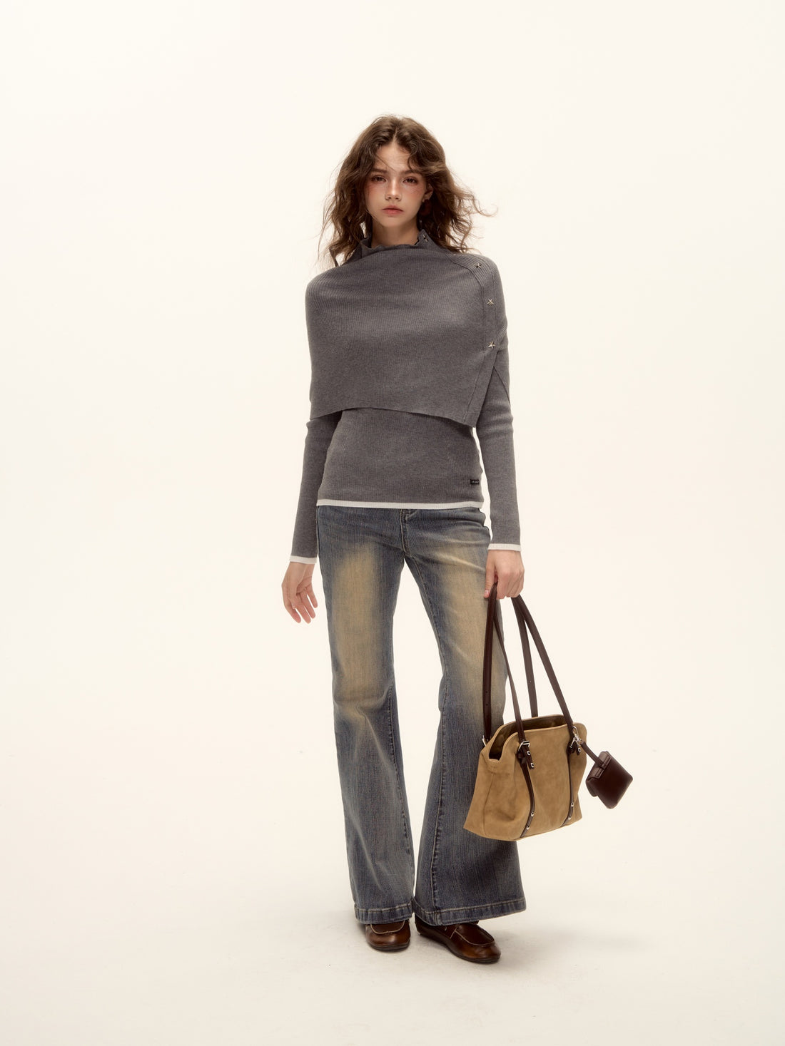 AsGony ASG25501 Wool shawl high neck rivet fake two piece sweater