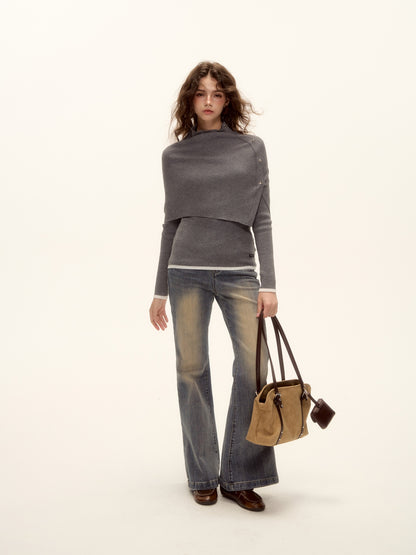 AsGony ASG25501 Wool shawl high neck rivet fake two piece sweater