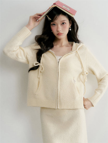 16DEWS 16D26031&amp;16D26032 Drawstring hooded zipper knitted cardigan + skirt