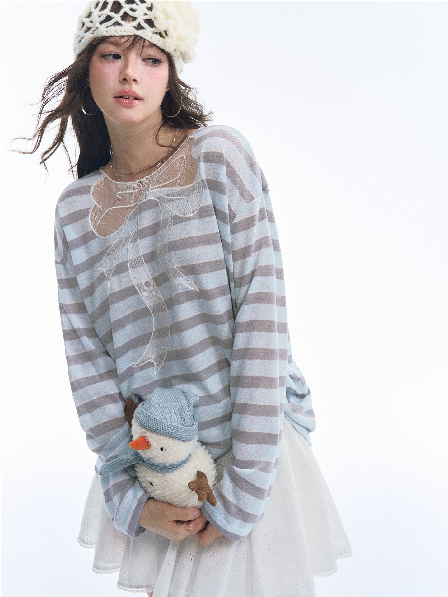 Asgony ASG26500 Striped Lace Patchwork Bow Long-Sleeve Top