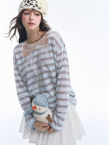 Asgony ASG26500 Striped Lace Patchwork Bow Long-Sleeve Top