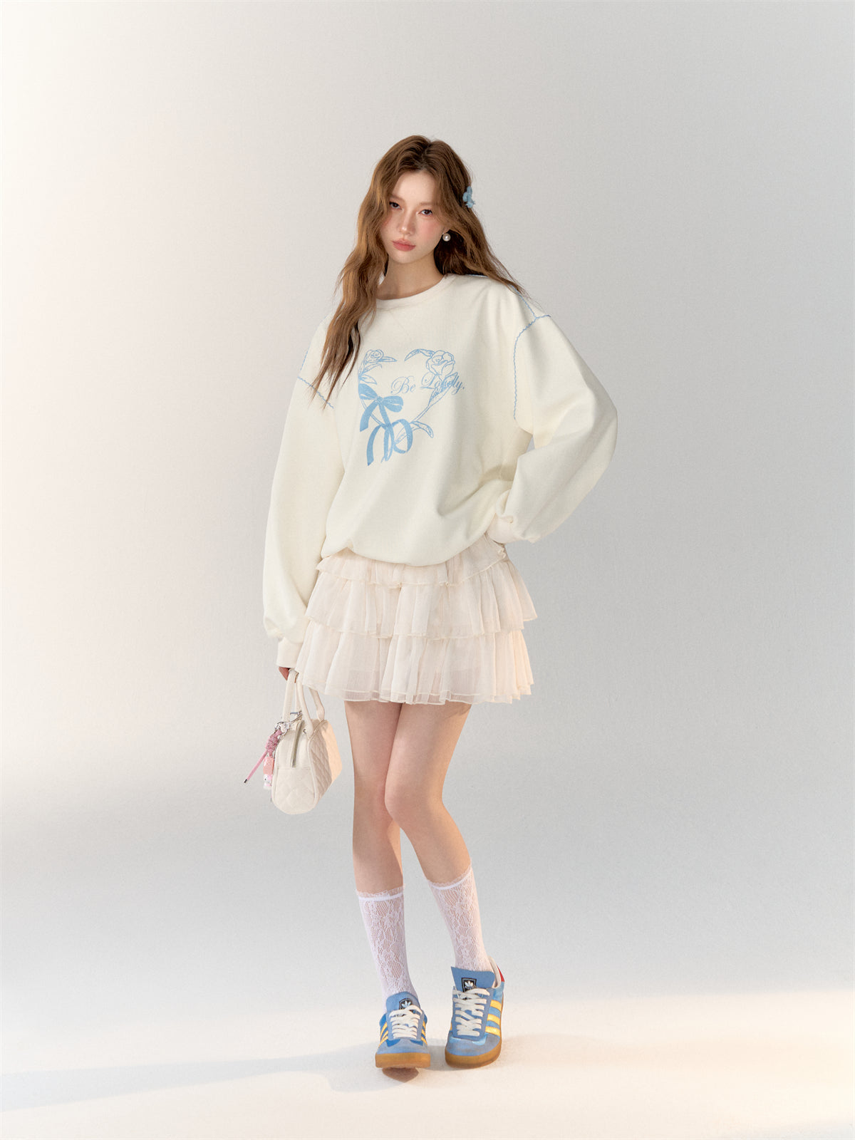 AsGony ASG24712&amp;ASG24713 Blue printed embroidered hoodie + skirt