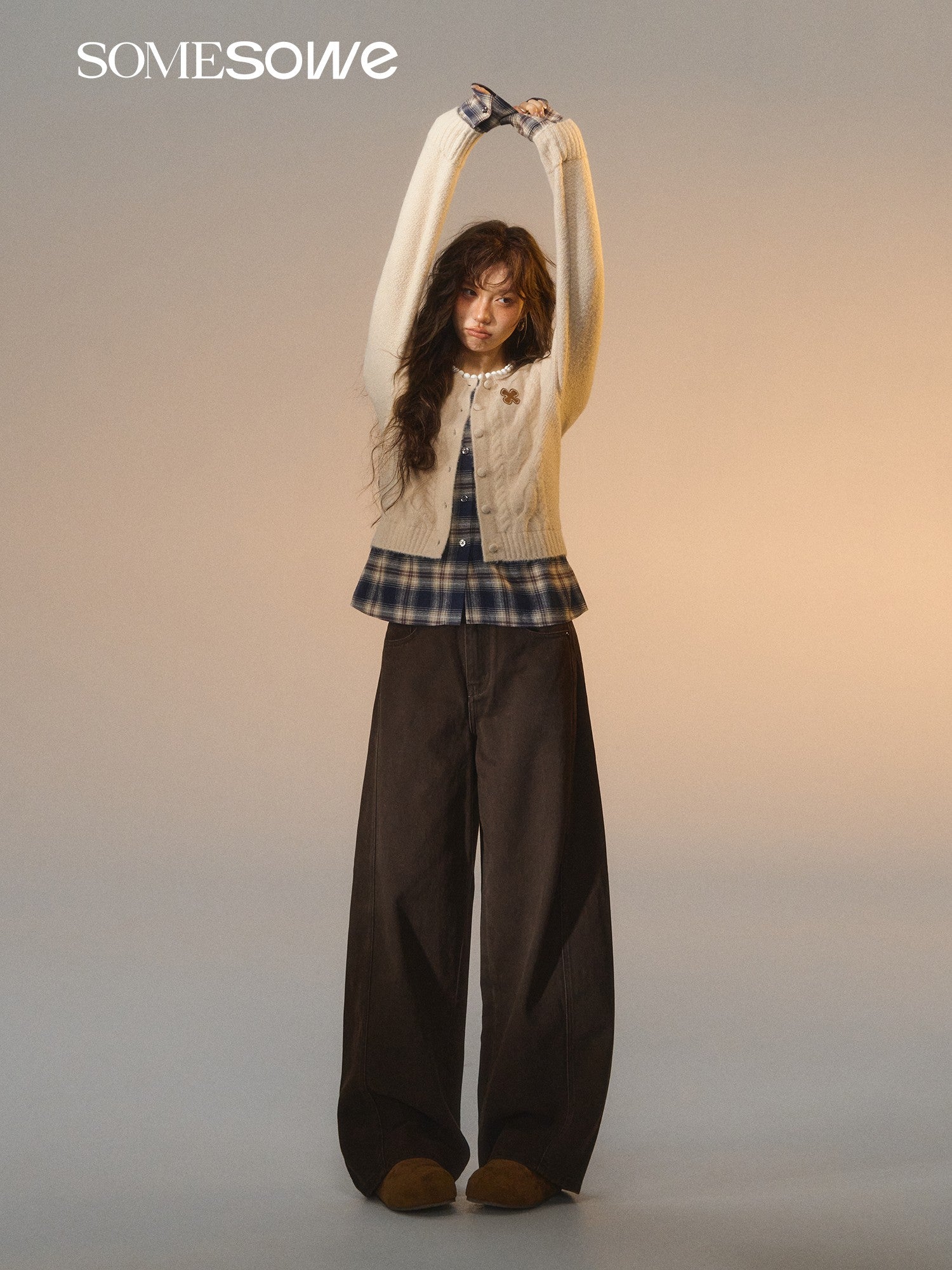 SOMESOWE S2508275 Fake two piece checkered spliced floral cardigan