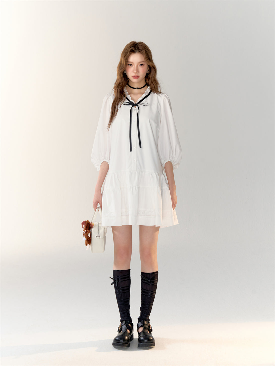 AsGony ASG24717 Bow tie shirt pleated dress