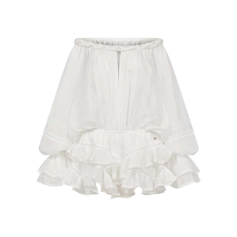 SHEERLUCK SLLYQ26409 Chiffon printed layered off shoulder jumpsuit