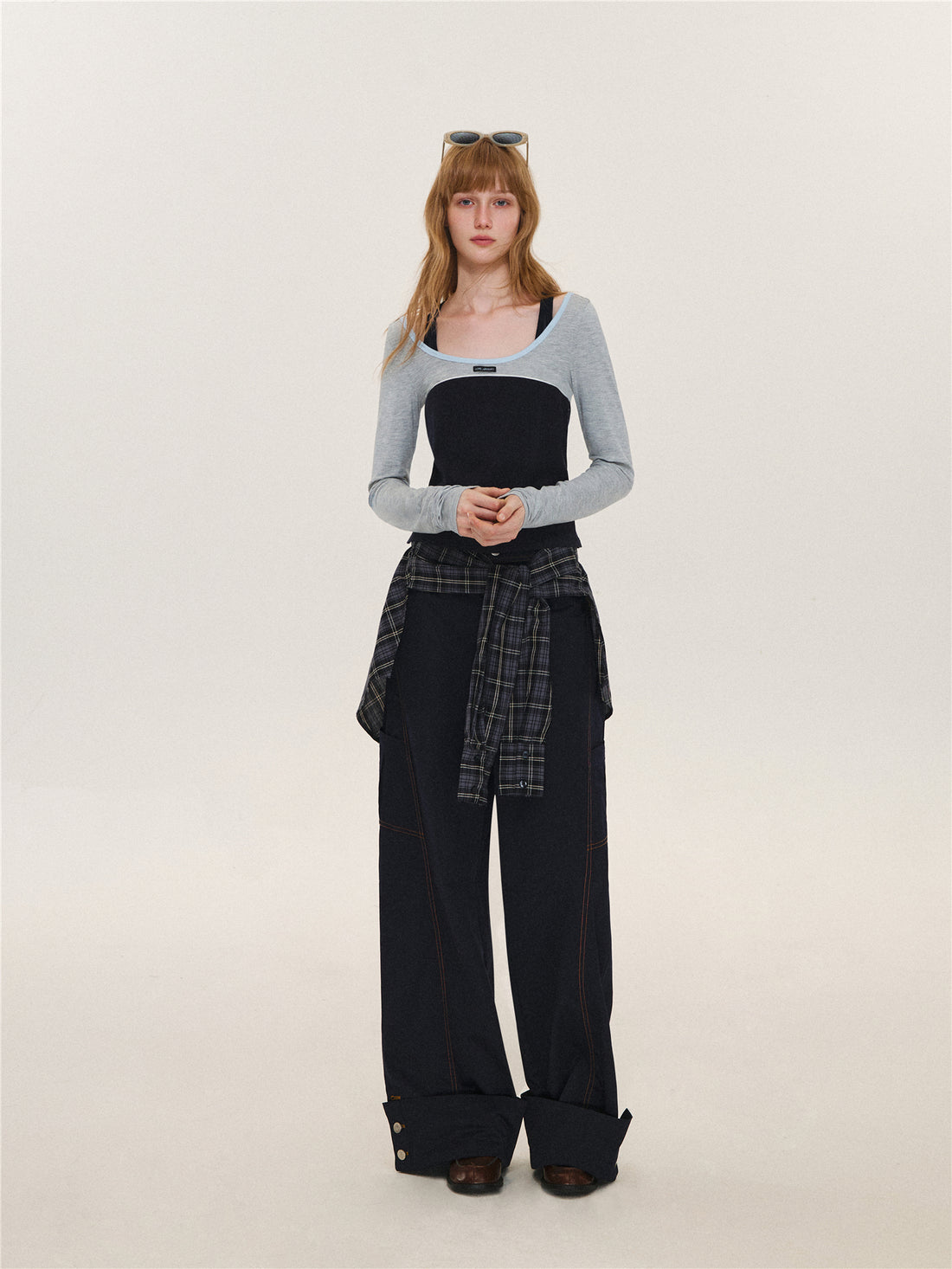 Asgony ASG26580 Relaxed-Fit Plaid Cargo Pants with Overskirt