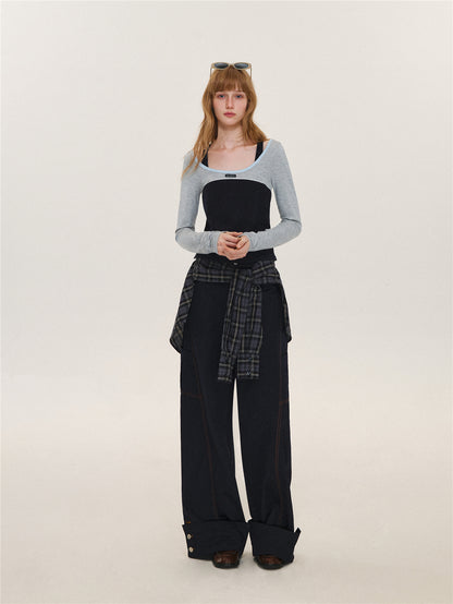 Asgony ASG26580 Relaxed-Fit Plaid Cargo Pants with Overskirt