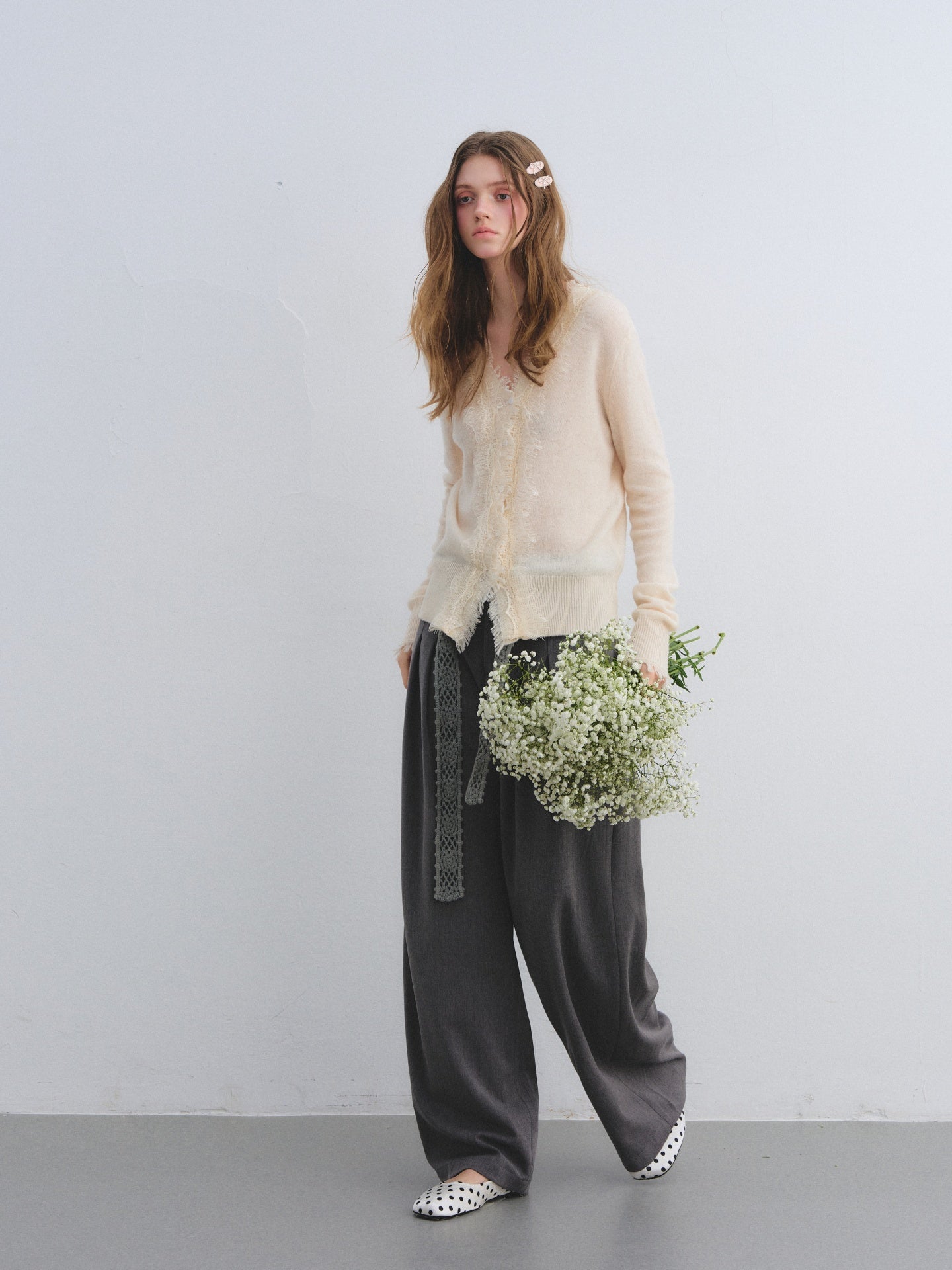 AsGony ASG25636 Floral waist hook pleated wide-leg suit pants