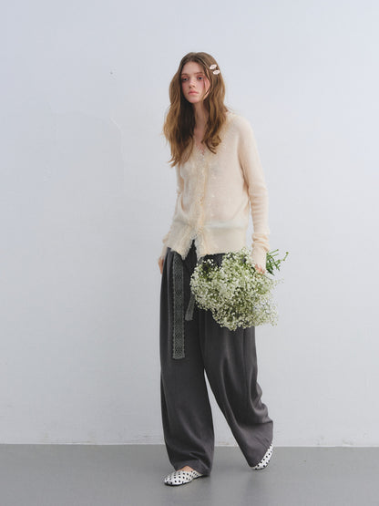 AsGony ASG25636 Floral waist hook pleated wide-leg suit pants