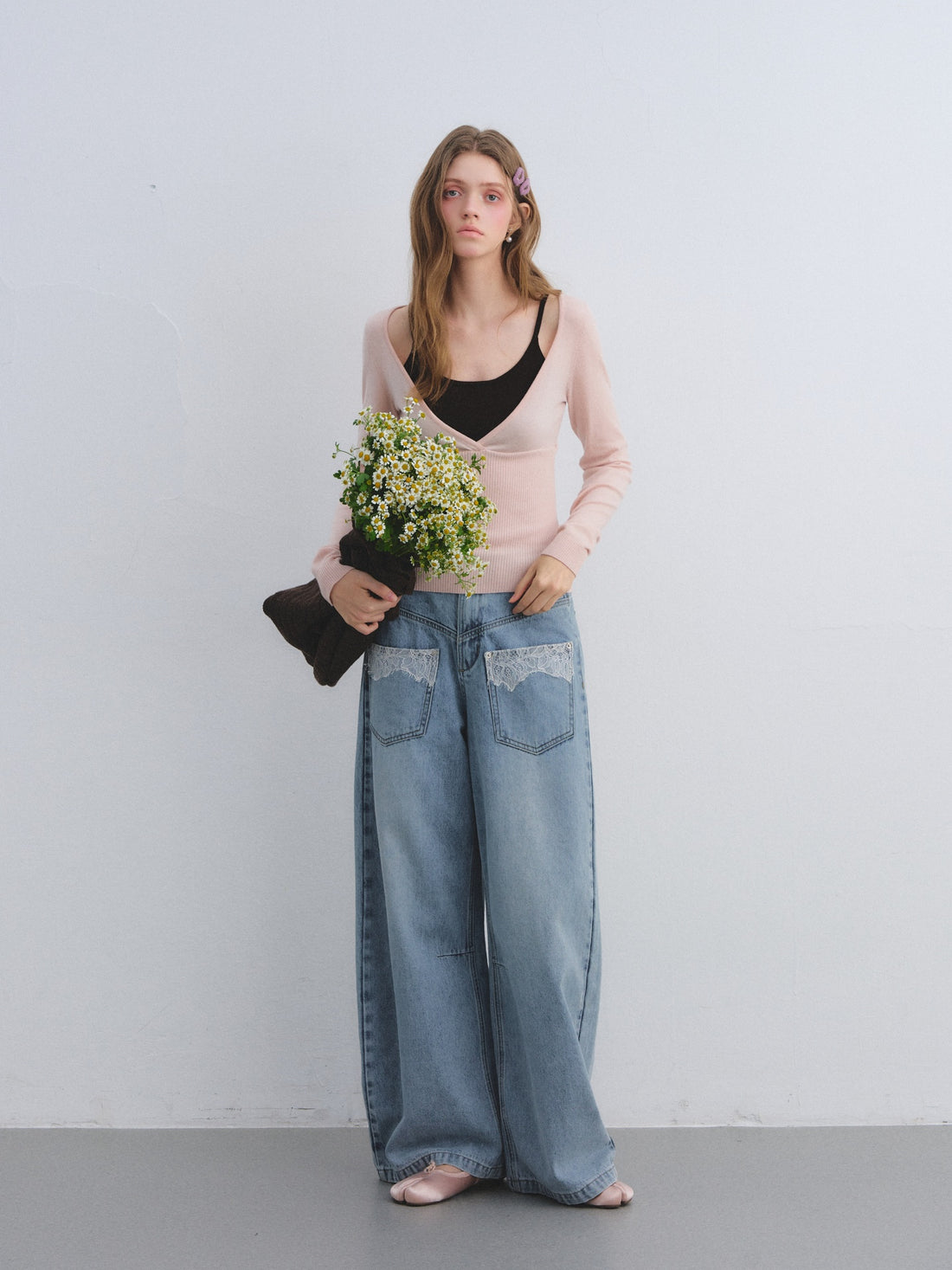 AsGony ASG25655 Wool fake two-piece contrasting splicing knitted top