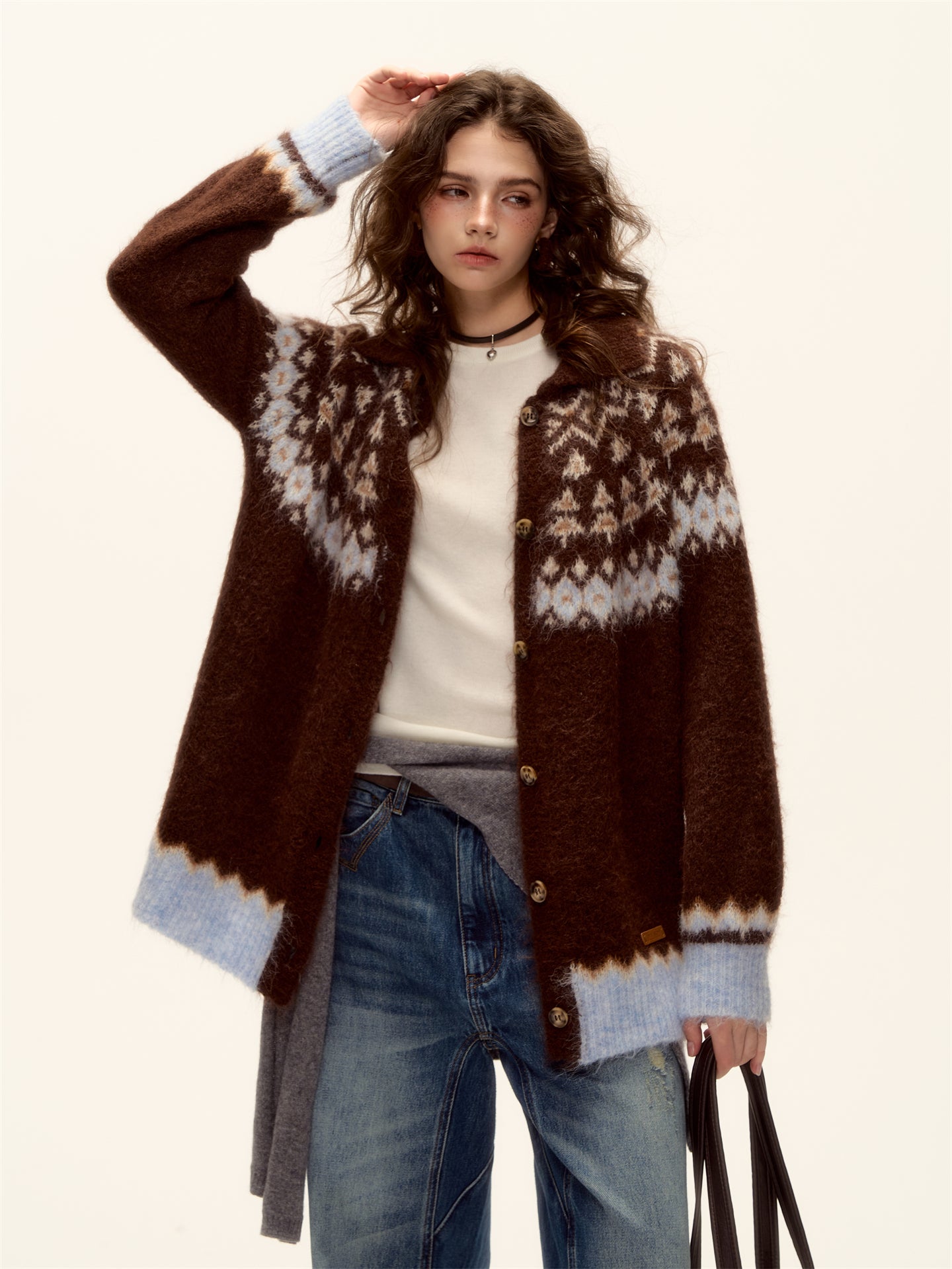 AsGony ASG25496 Wool Jacquard Fel Island Collar Button Knitted Cardigan