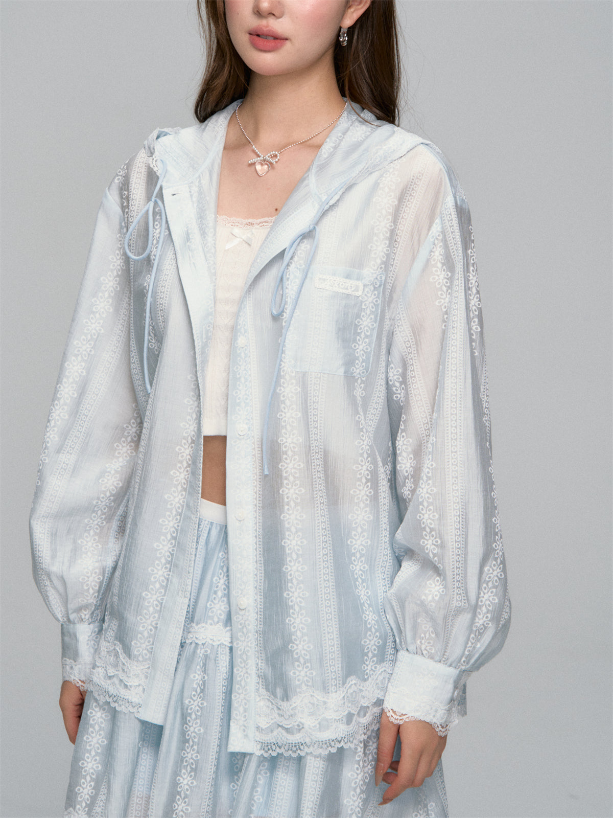 AsGony ASG25118&amp;ASG25119 Floral texture patchwork lace hooded jacket + skirt set (seperate)