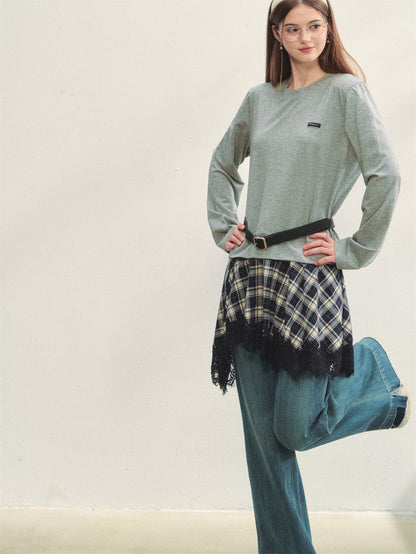 AsGony ASG25314 Plaid lace patchwork long sleeved knitted dress