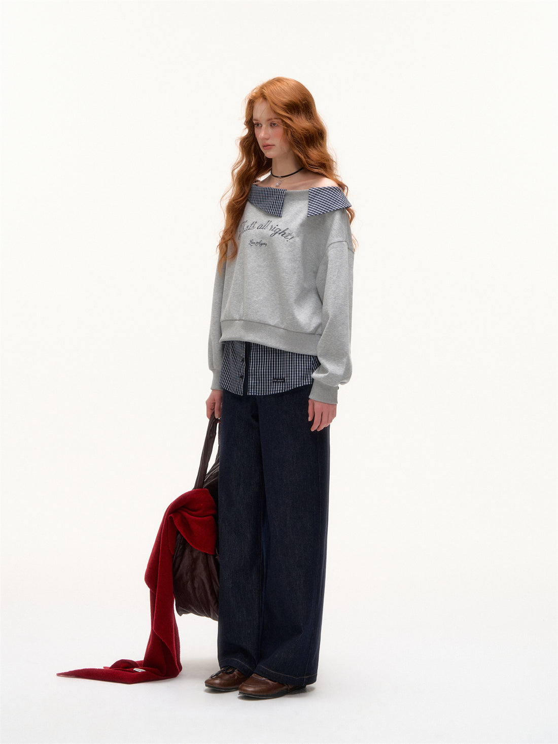 AsGony ASG25422 Off shoulder slanted shoulder patchwork printed embroidered hoodie