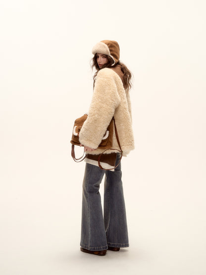 AsGony ASG25487 Hooded sweatshirt with patchwork fur and leather jacket