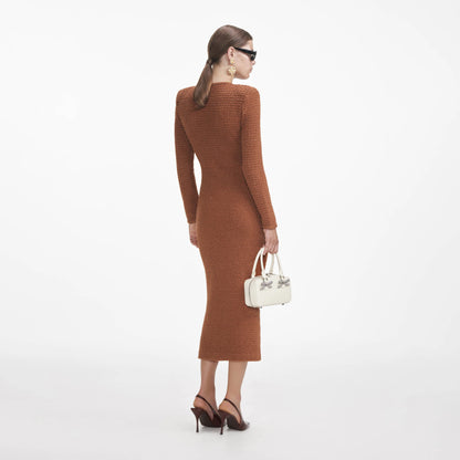 Self-Portrait Brown Textured Knit Midi Dress