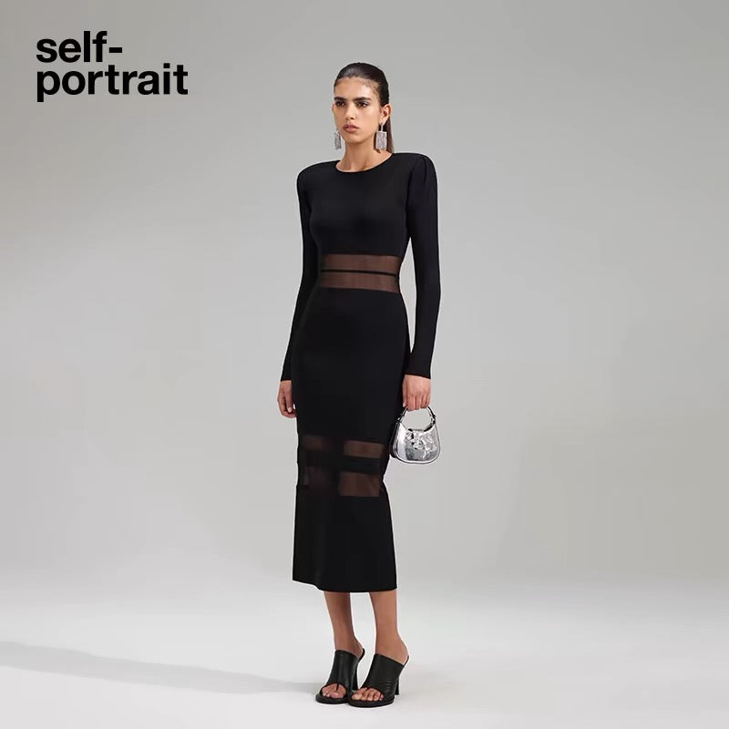 Self-Portrait BLACK KNIT STRIPED MIDI DRESS