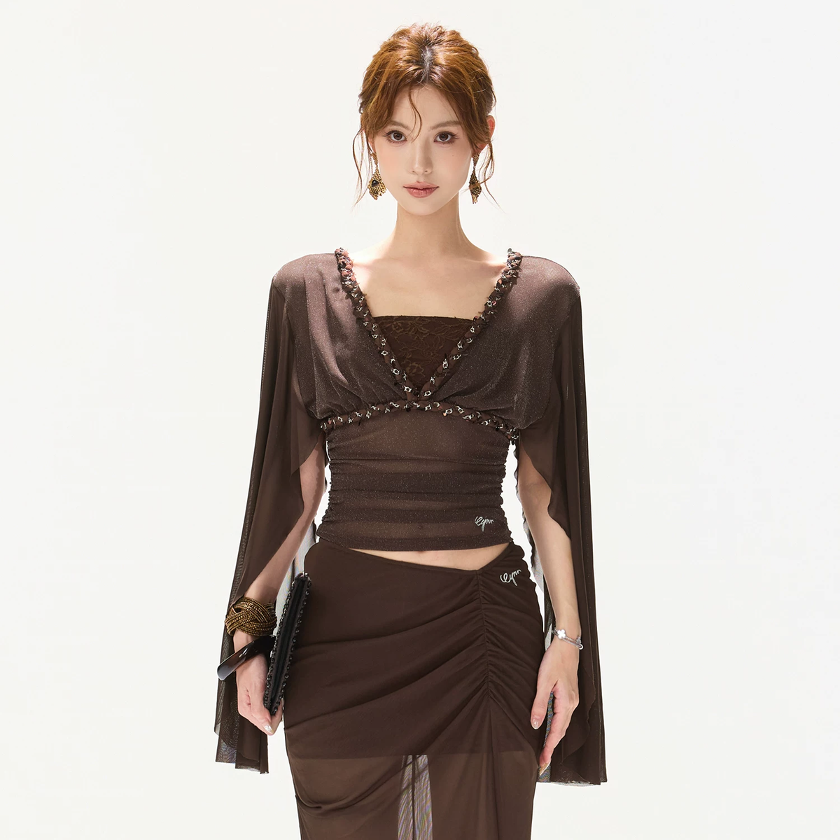 CYNR Rhinestone V-Neck Mesh Flutter Sleeve Top &amp; Mermaid Fishtail Skirt