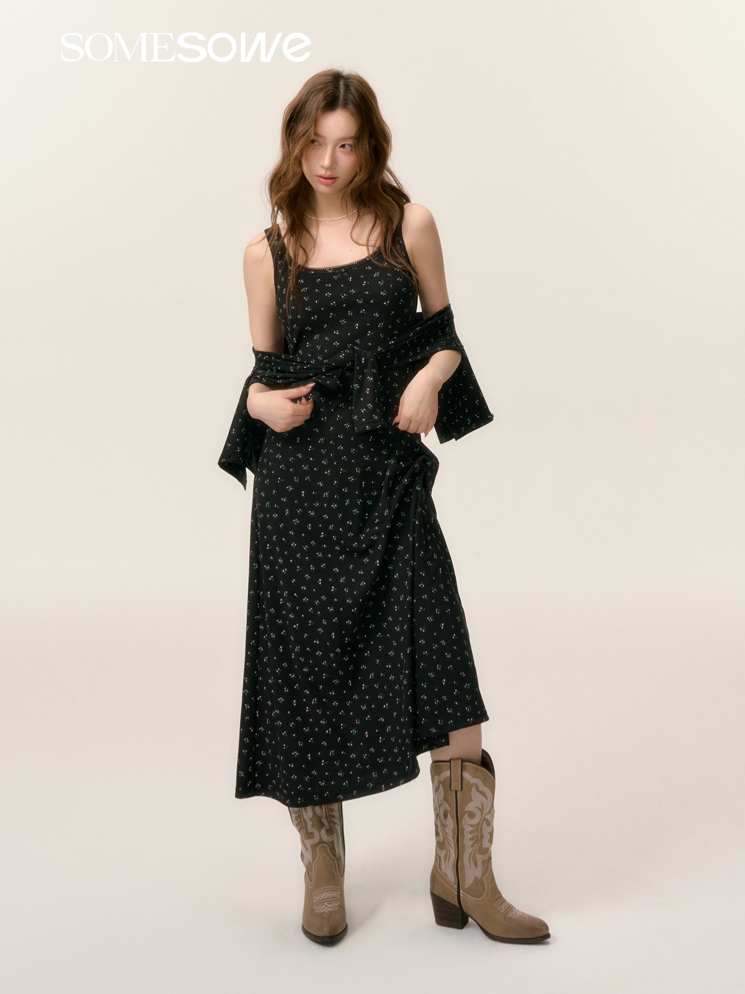 SOMESOWE S2508039&amp;S2508040 Floral knit dress + cardigan set(seperate)