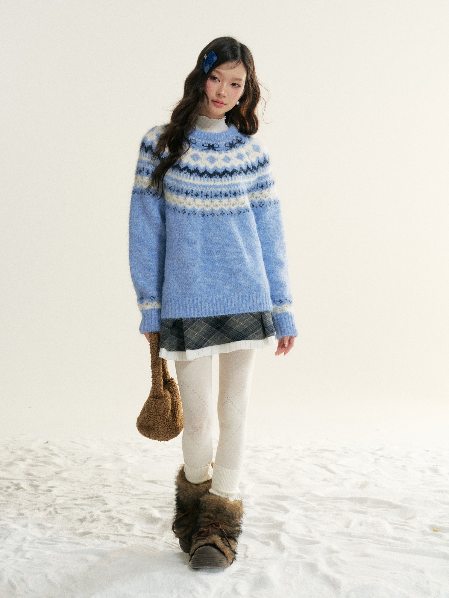 16DEWS 16D25511 Fair Isle Cable Knit Crewneck Sweater