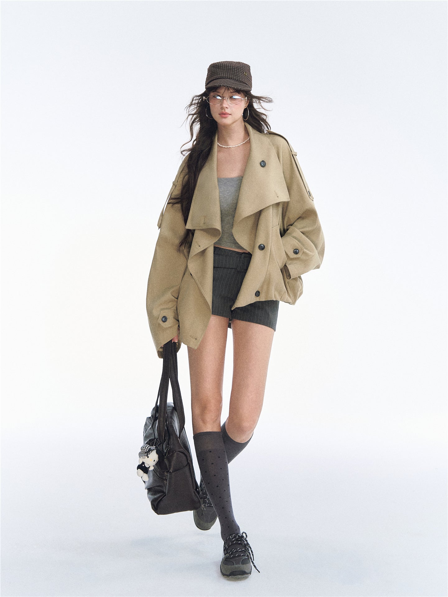 Asgony ASG26527 Oversized Collar Relaxed Button Trench Jacket