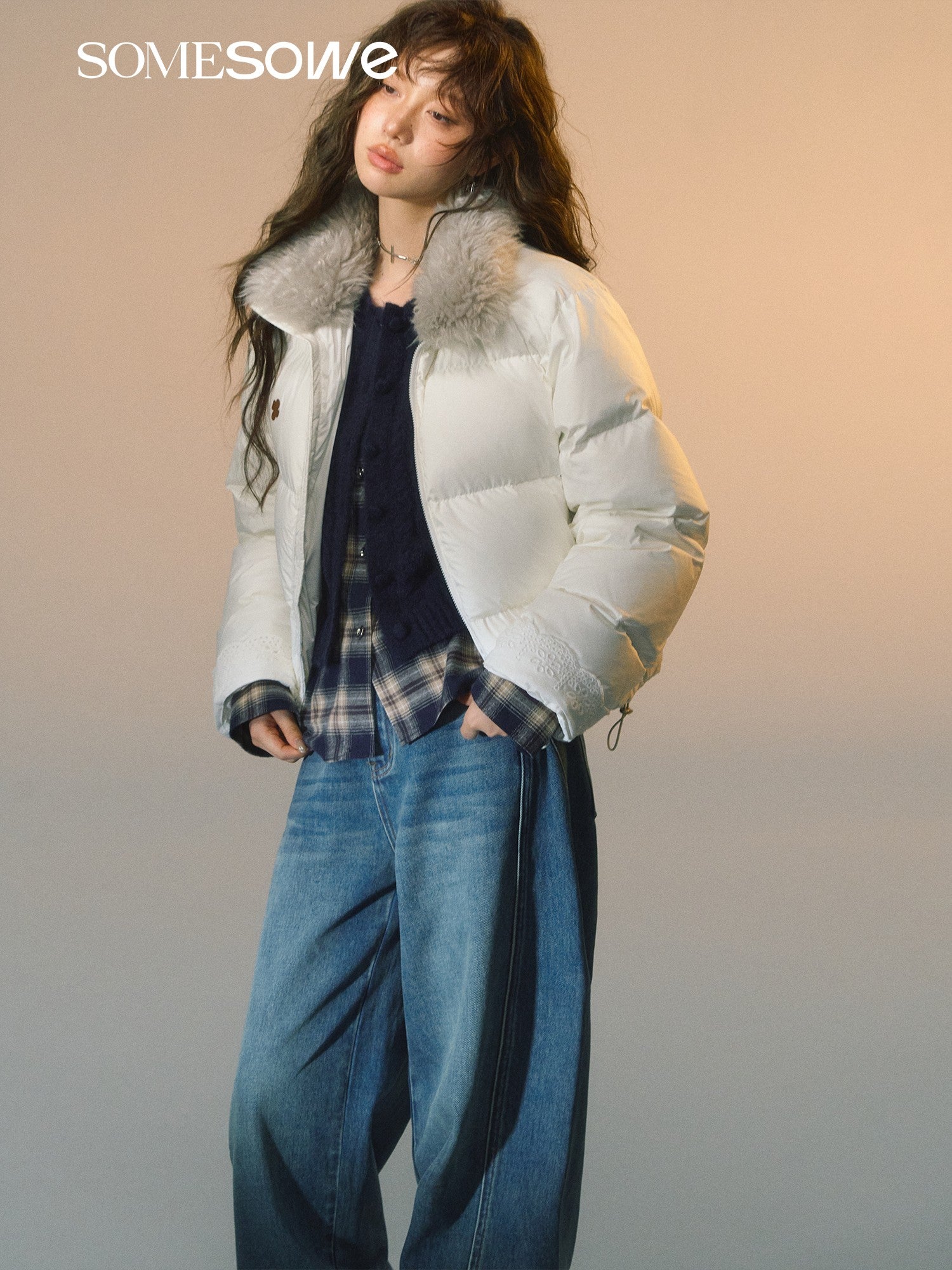 SOMESOWE S2508276 Fur collar splicing short down jacket