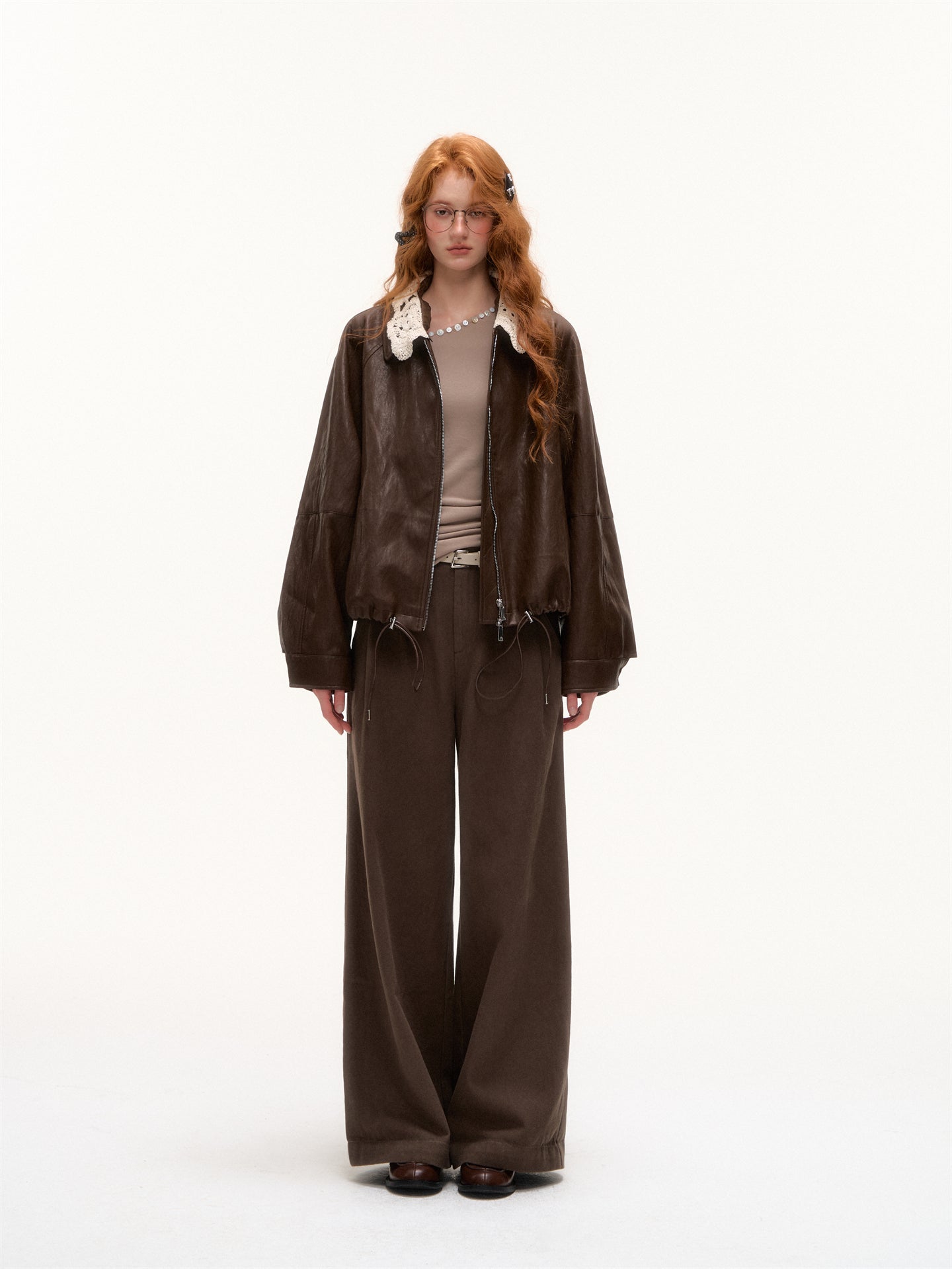 AsGony ASG25377 Checkered hem flared waistband loose pants