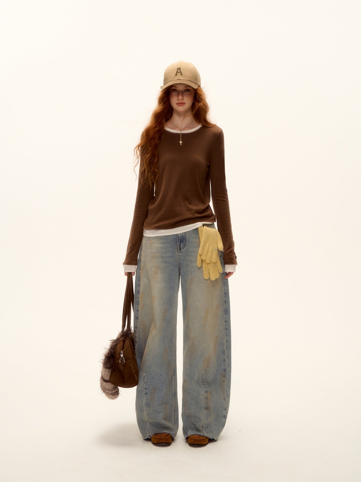 AsGony ASG25465 Fake two wool and cashmere spliced round neck base T-shirt