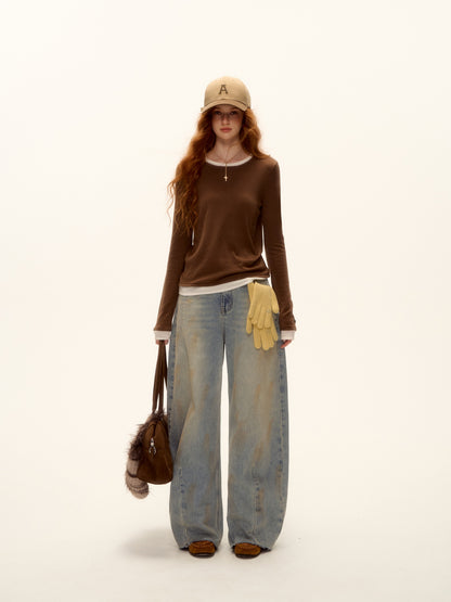 AsGony ASG25465 Fake two wool and cashmere spliced round neck base T-shirt