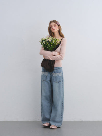 AsGony ASG25655 Wool fake two-piece contrasting splicing knitted top