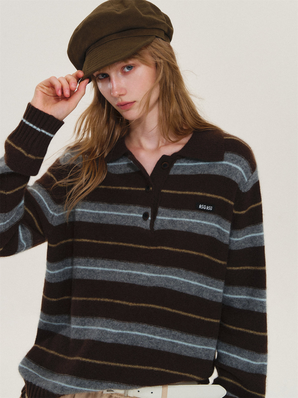 Asgony ASG26597 Striped Collared Knit Polo Shirt