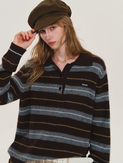 Asgony ASG26597 Striped Collared Knit Polo Shirt